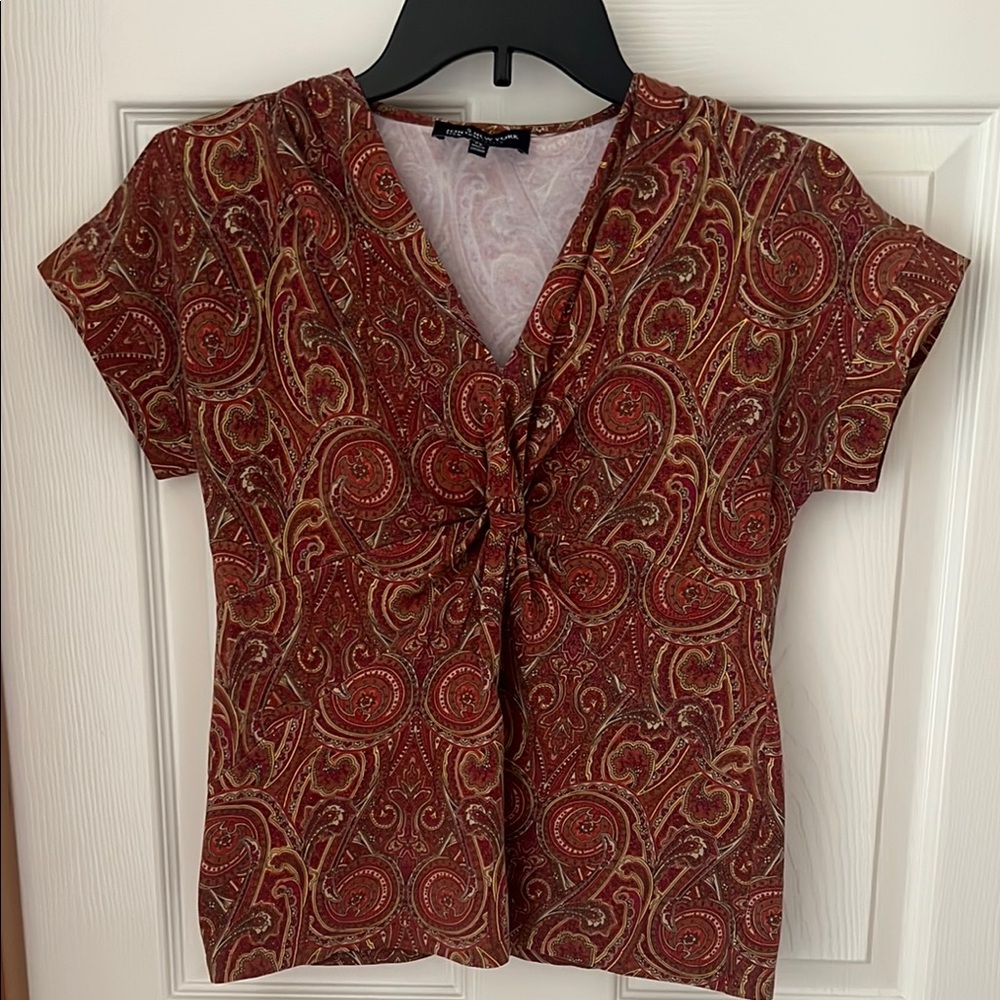 Jones New York Brown Tie Front Fitted Blouse